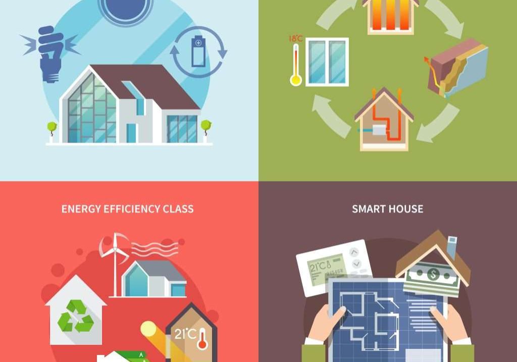 Energy saving house design concept set flat icons isolated vector illustration
