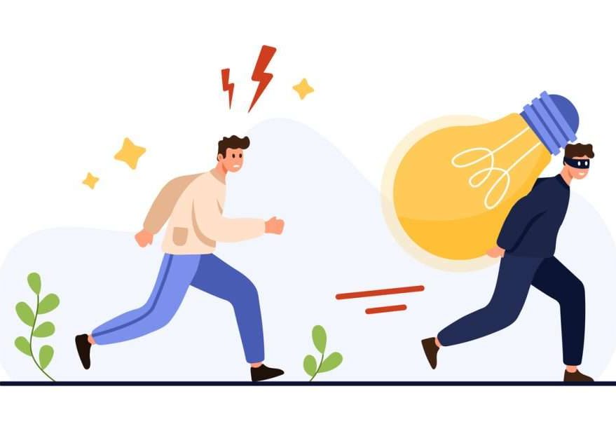Plagiarism, copy paste of information, piracy and infringement of copyright on creative idea. Tiny thief holding bright light bulb, running away from angry author owner cartoon vector illustration