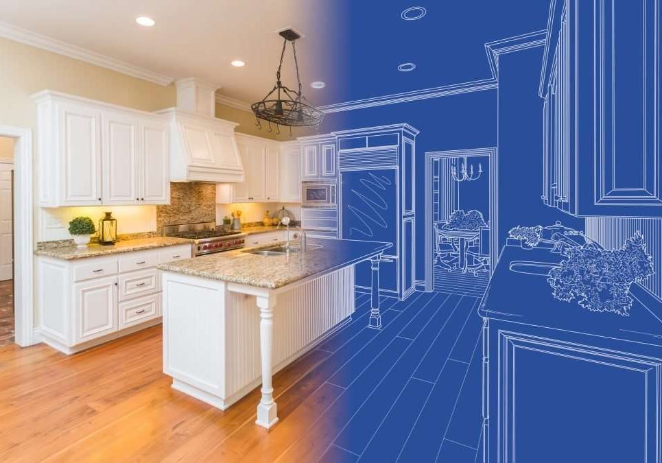 Kitchen remodel that shows the blueprint for the kitchen fading into the completely remodeled kitchen with lighting installed by an electrician