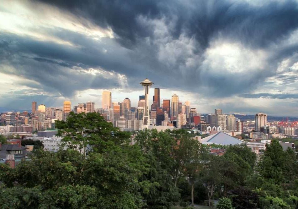 Skyline of Seattle Washington in Summer time before a storm